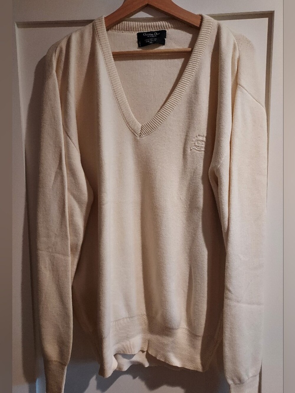 Christian Dior Monsieur Classic Logo Cream Cotton V-Neck Sweater Pullover - Picture 2 of 8